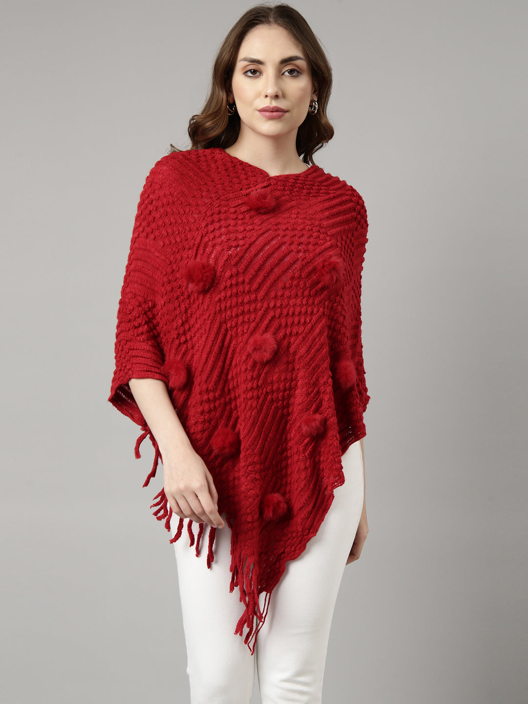 Women Open Knit Red Longline Poncho