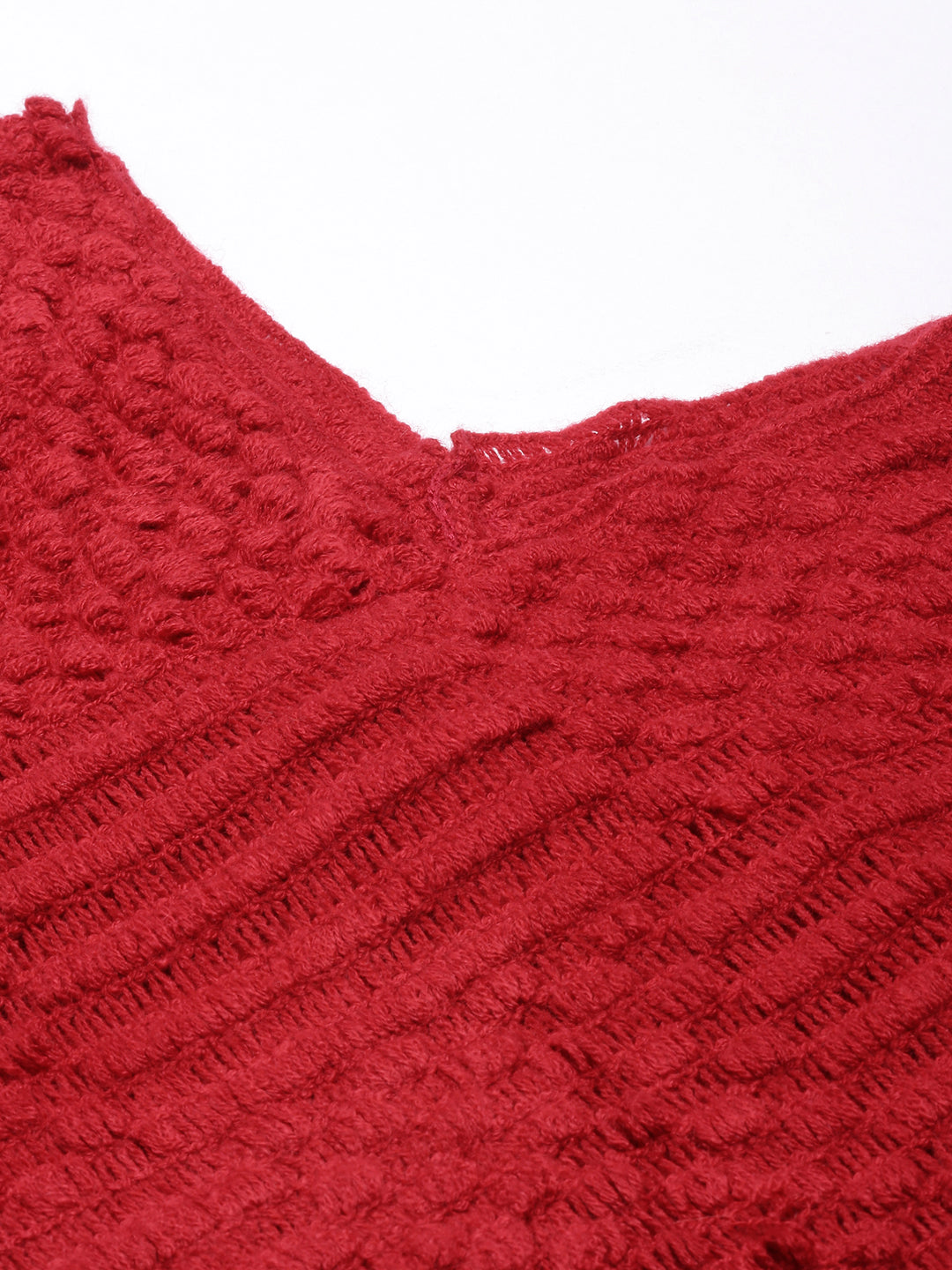 Women Open Knit Red Longline Poncho