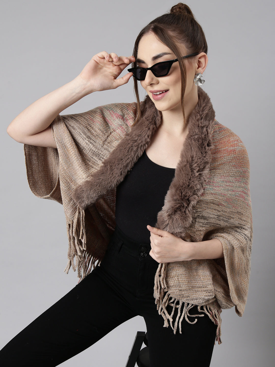 Women Solid Beige Regular Poncho