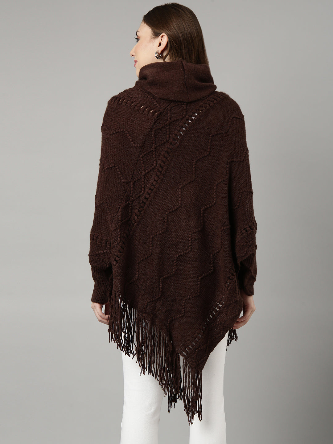 Women Chevron Brown Longline Poncho