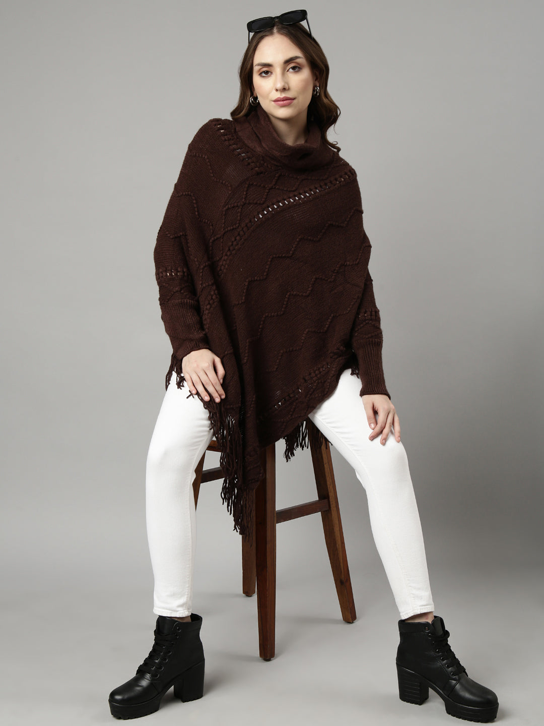 Women Chevron Brown Longline Poncho