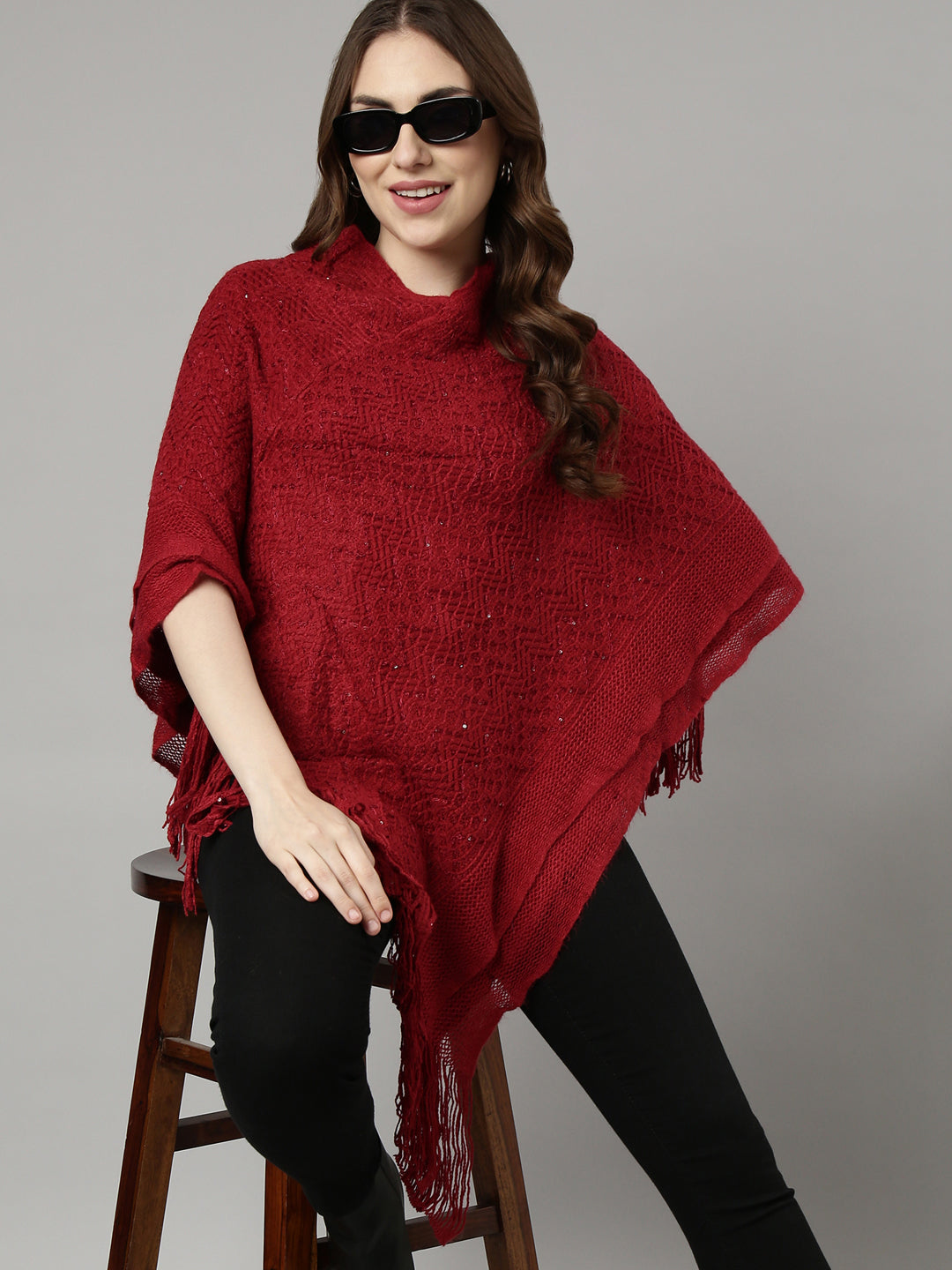 Women Chevron Maroon Longline Poncho