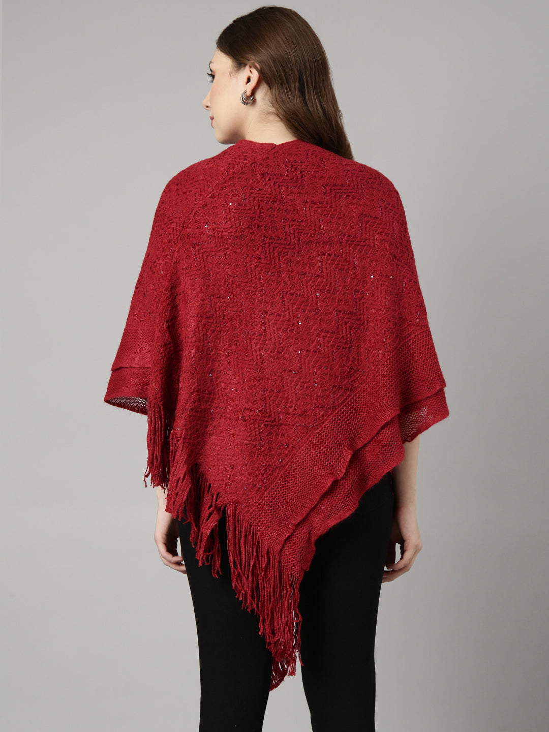 Women Chevron Maroon Longline Poncho