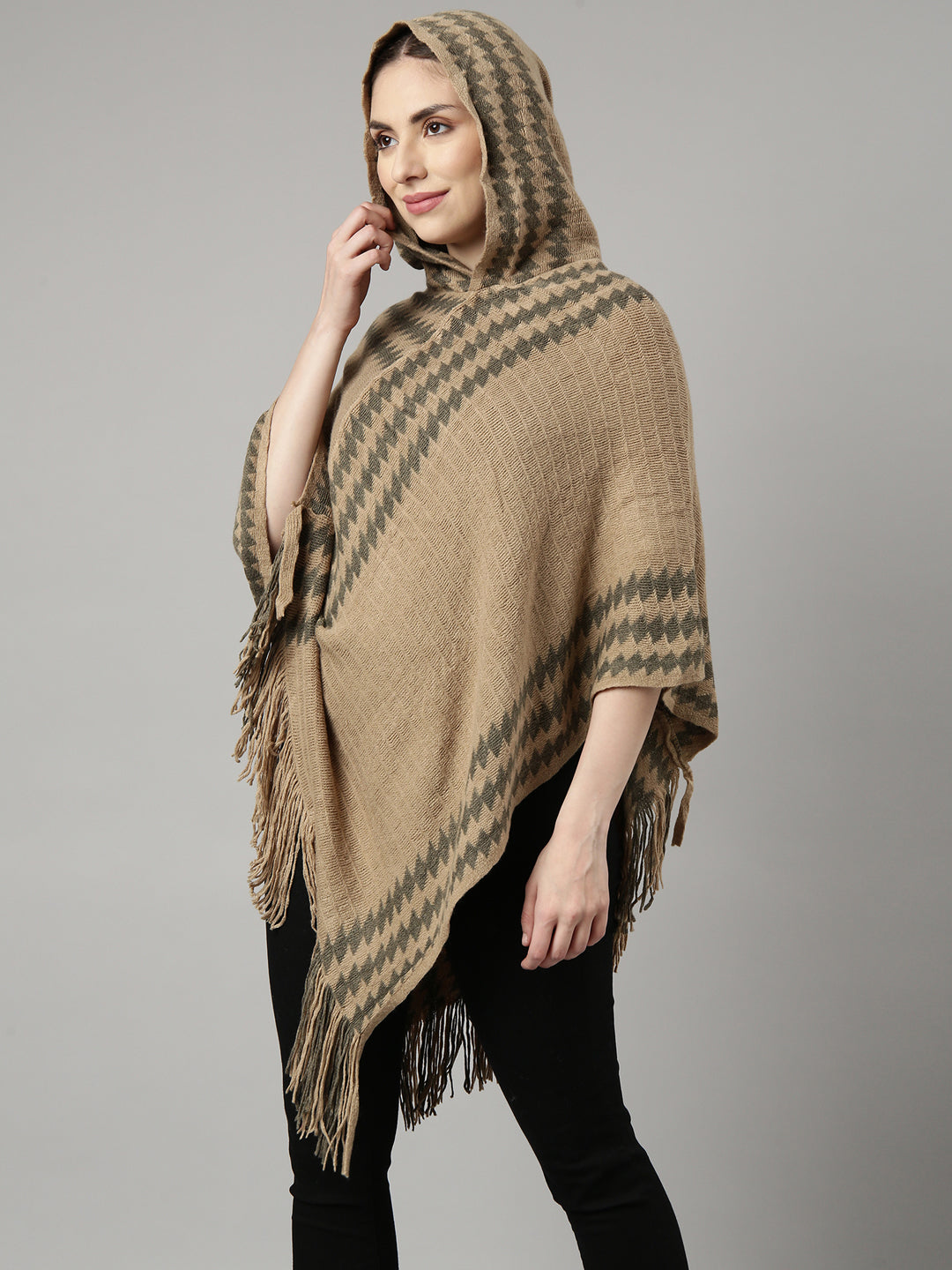 Women Striped Khaki Longline Poncho