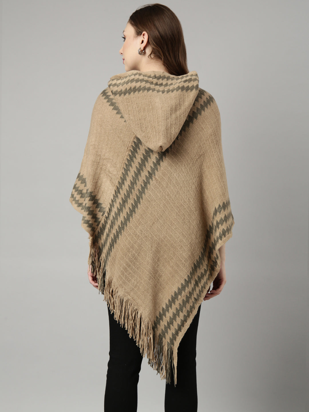 Women Striped Khaki Longline Poncho