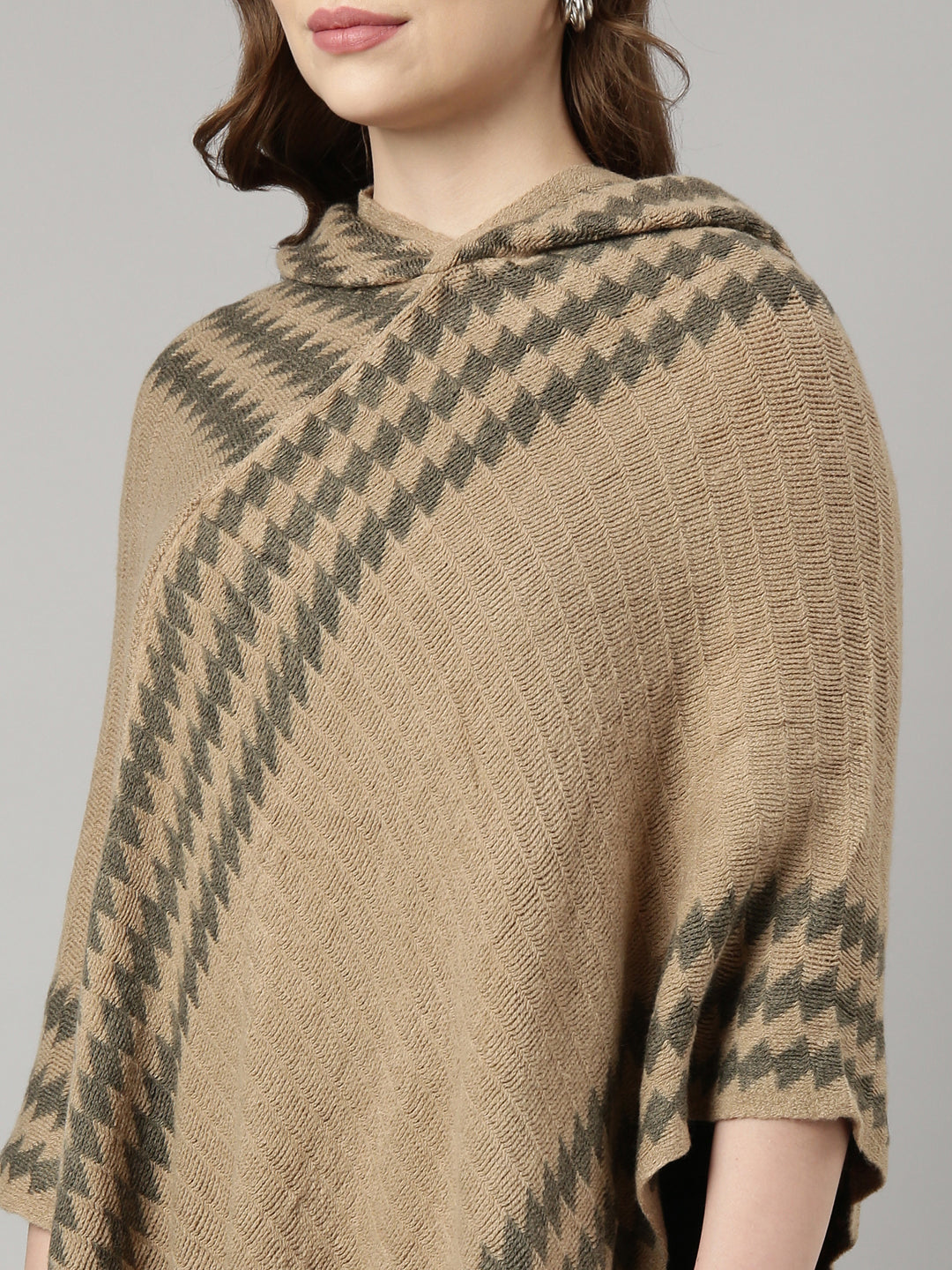 Women Striped Khaki Longline Poncho