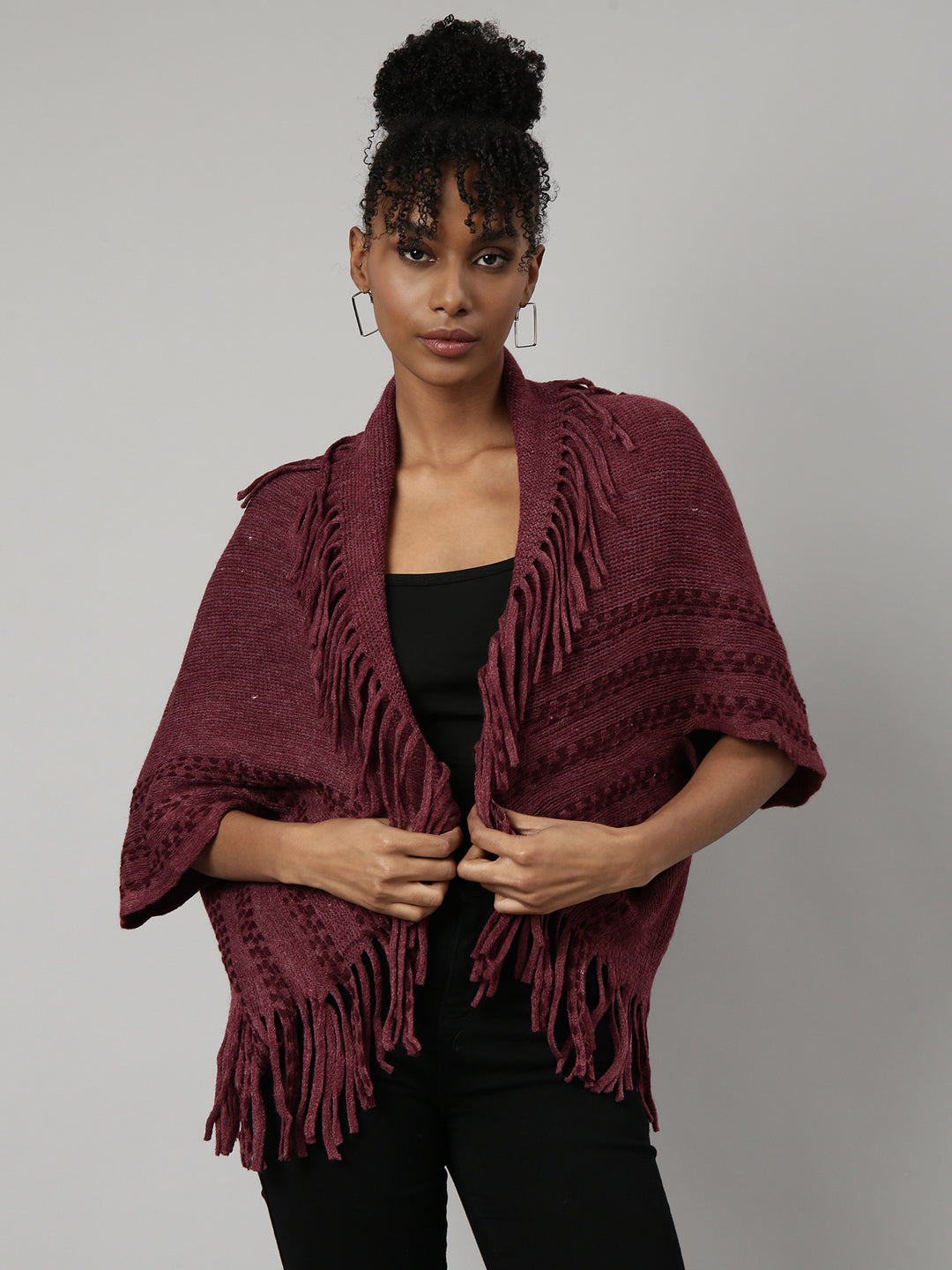 Women Striped Maroon Regular Poncho