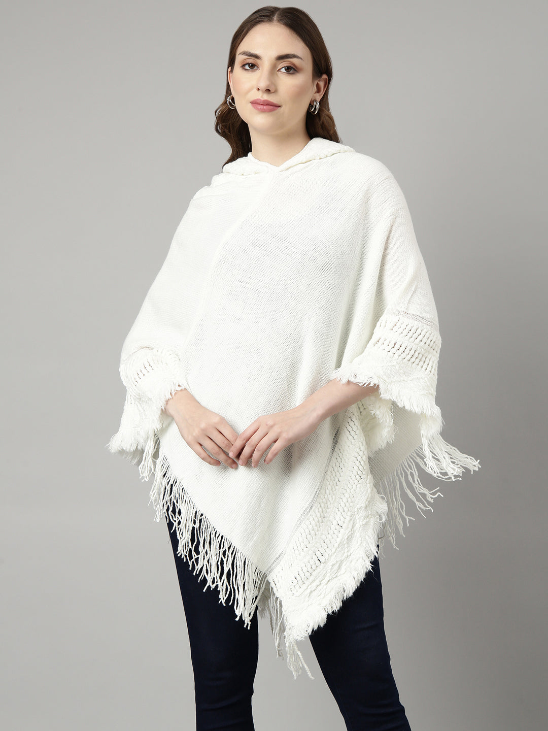 Women Solid Off White Regular Poncho