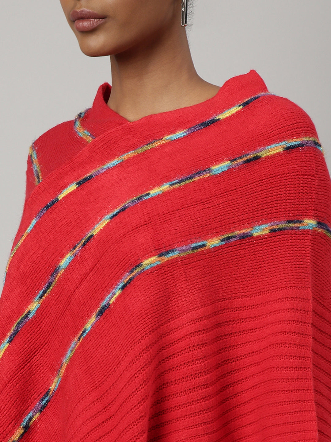 Women Striped Red Longline Poncho