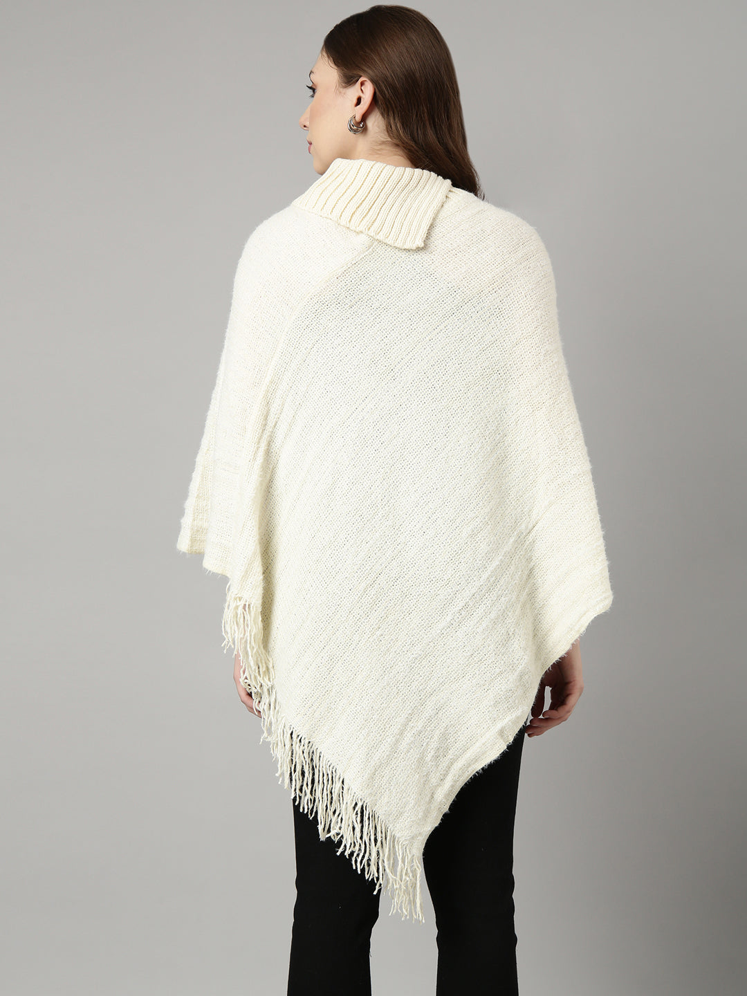 Women Solid Off White Longline Poncho