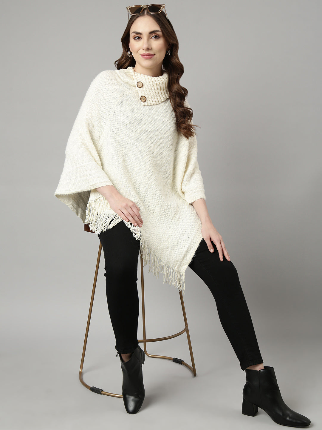 Women Solid Off White Longline Poncho