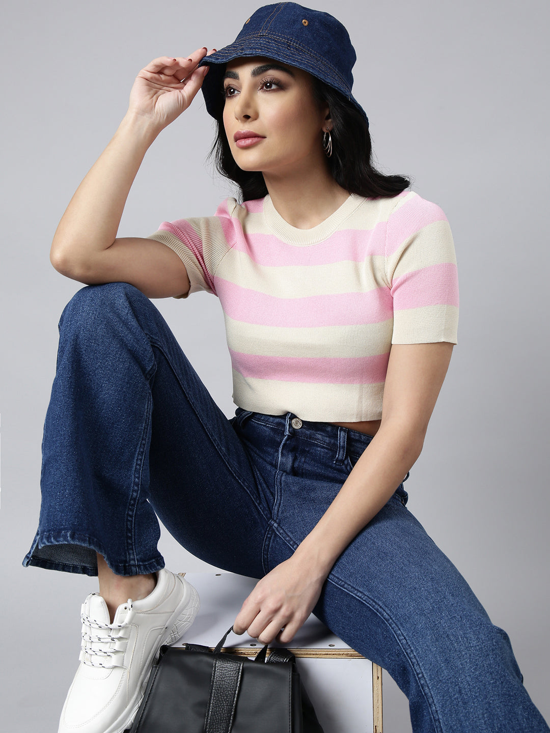 Women Pink Horizontal Stripes Fitted Crop Top