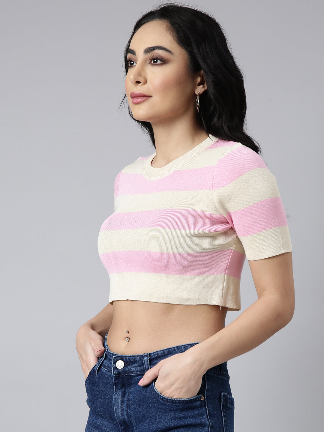 Women Pink Horizontal Stripes Fitted Crop Top