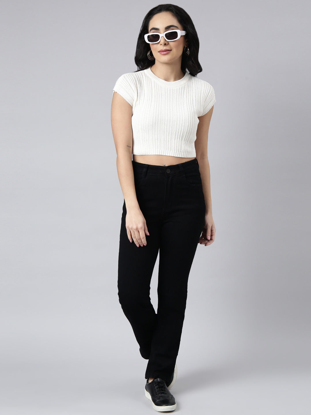 Women Off White Self Design Fitted Crop Top