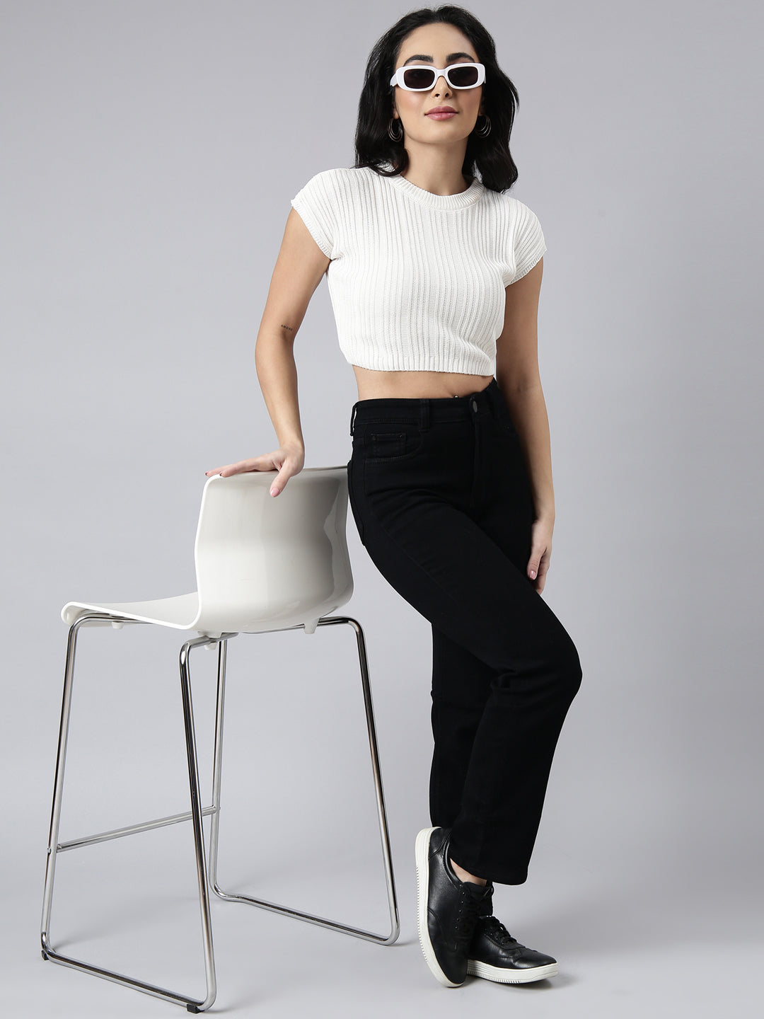 Women Off White Self Design Fitted Crop Top