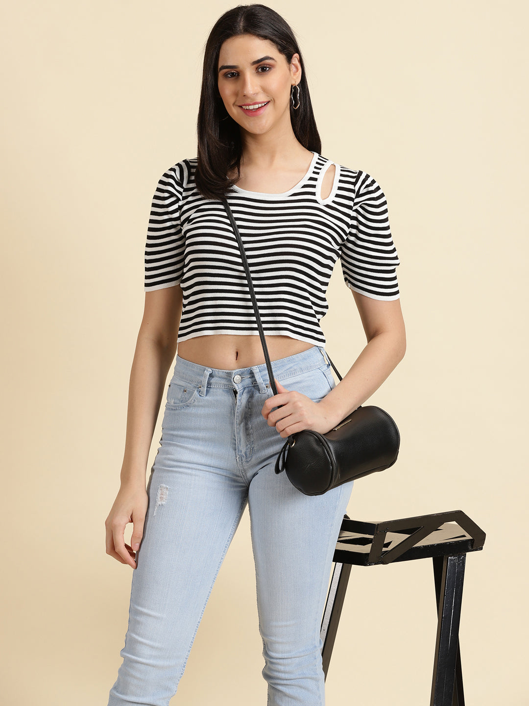 Women's White Striped Fitted Crop Top