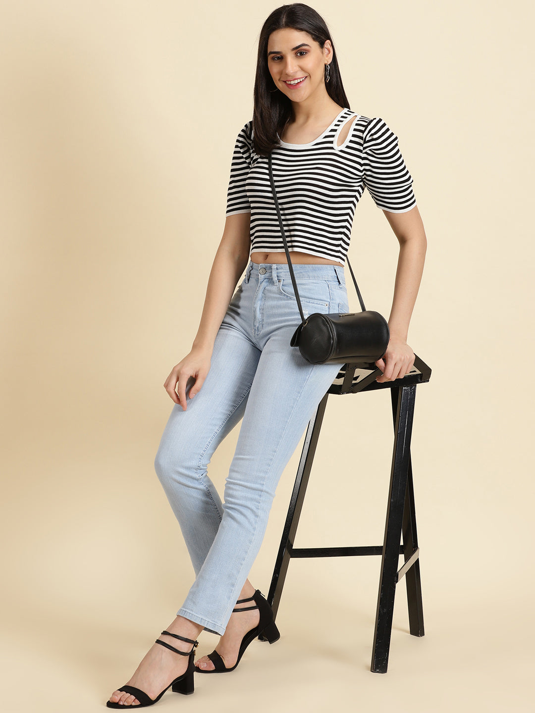 Women's White Striped Fitted Crop Top