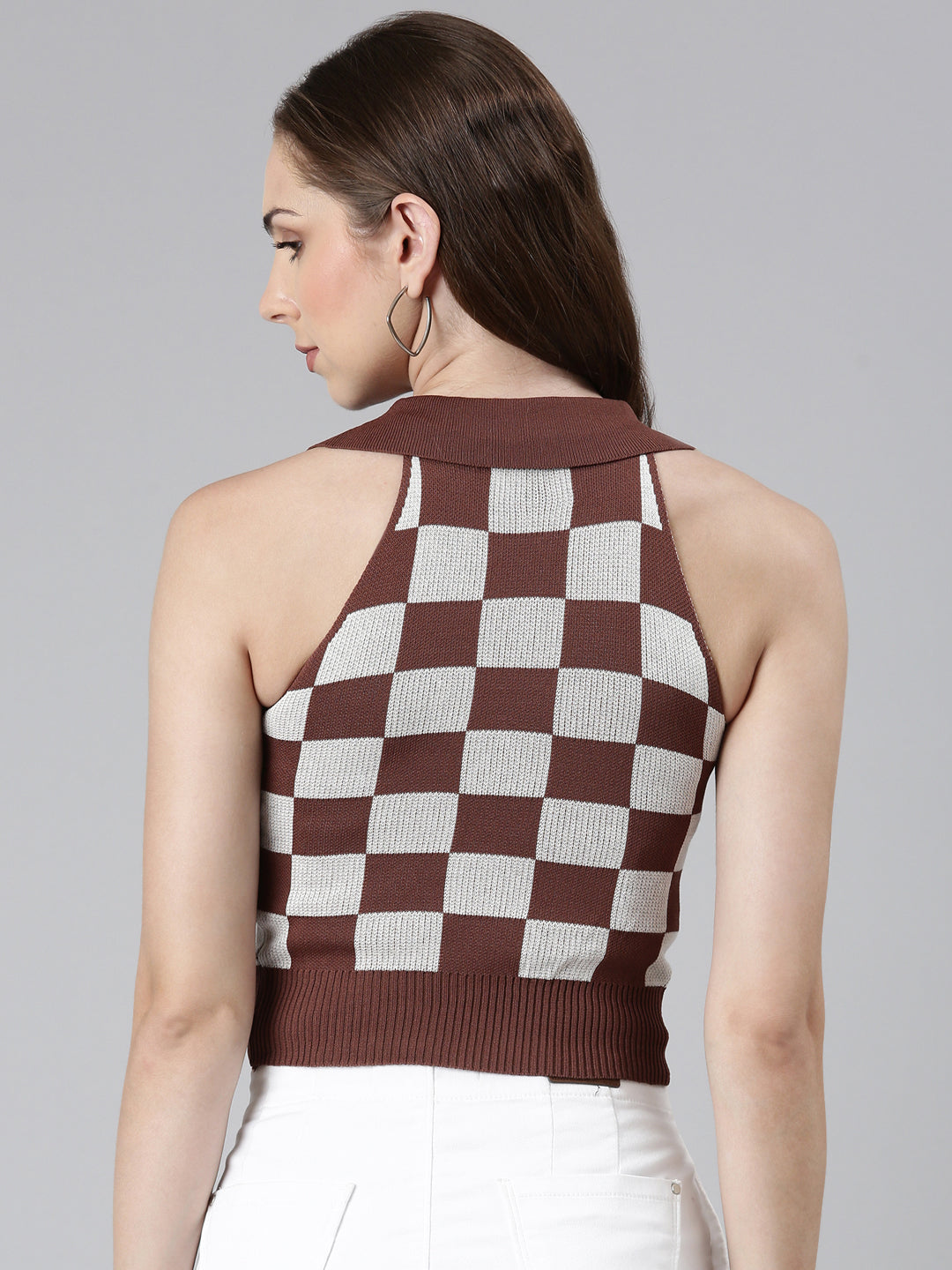 Above the Keyboard Collar Checked Coffee Brown Cinched Waist Crop Top