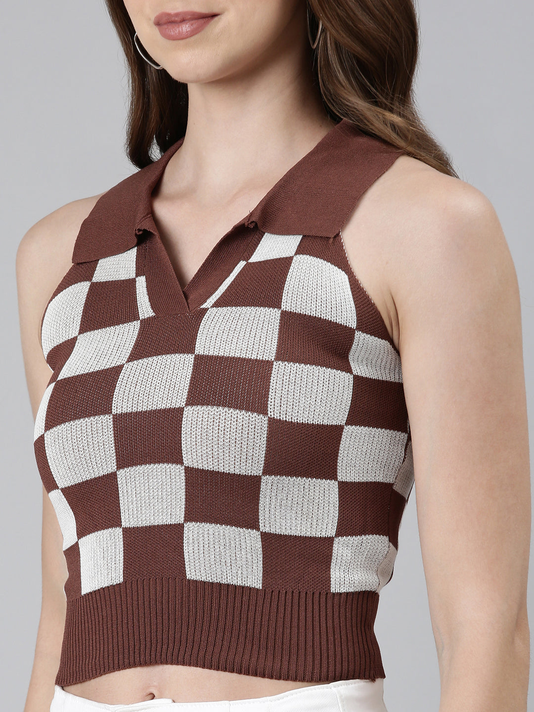 Above the Keyboard Collar Checked Coffee Brown Cinched Waist Crop Top