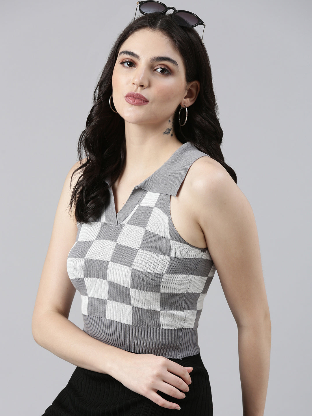 Above the Keyboard Collar Checked Grey Cinched Waist Crop Top