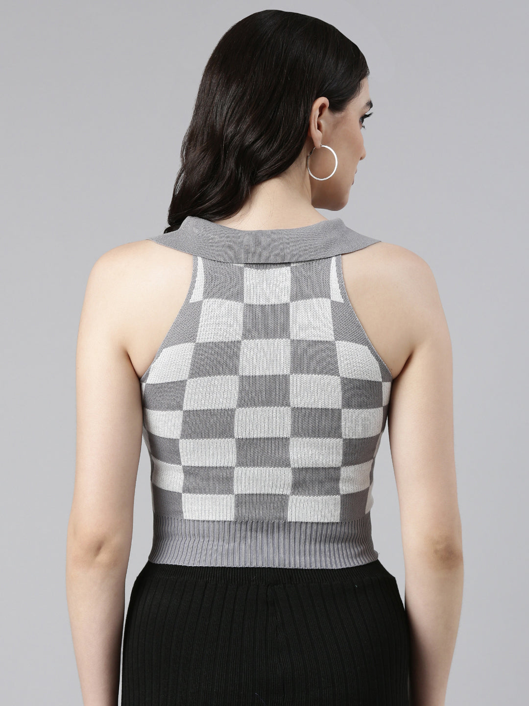 Above the Keyboard Collar Checked Grey Cinched Waist Crop Top