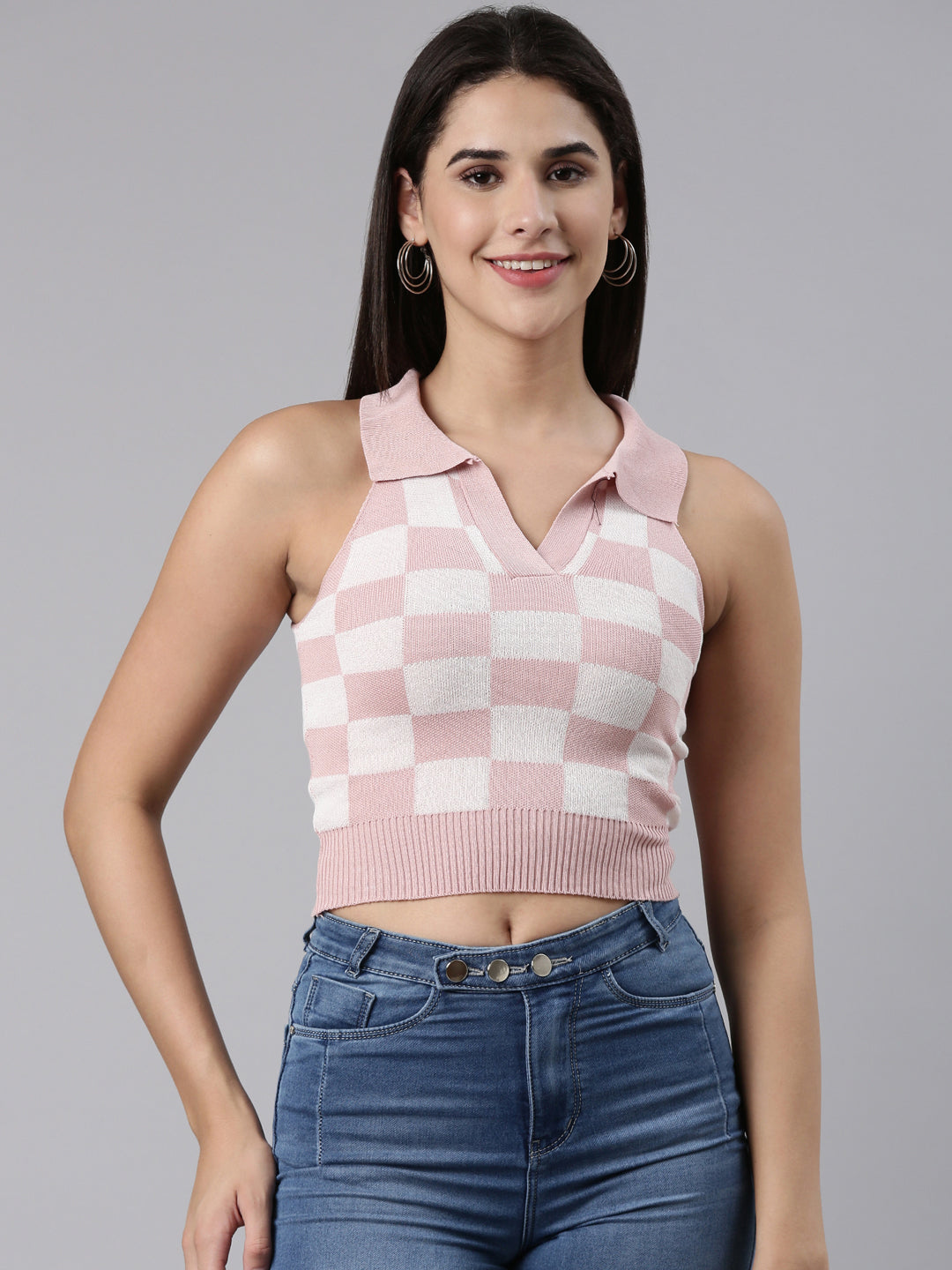 Above the Keyboard Collar Checked Pink Cinched Waist Crop Top