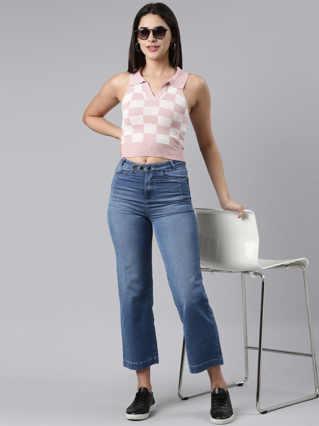 Above the Keyboard Collar Checked Pink Cinched Waist Crop Top