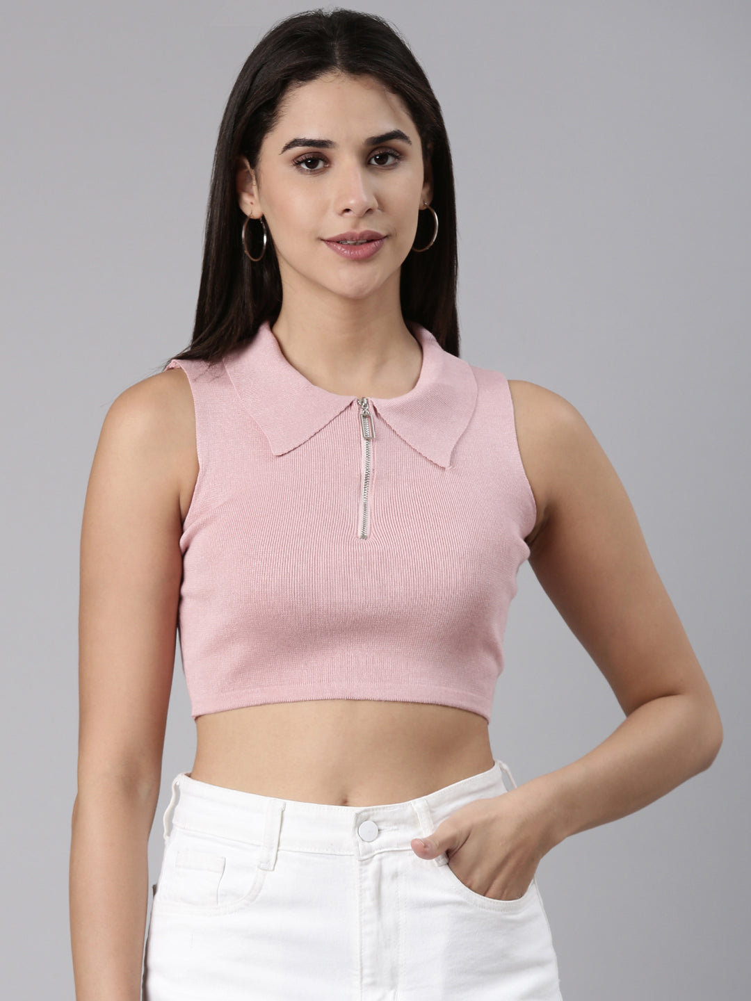 Shirt Collar Solid Sleeveless Fitted Pink Crop Top