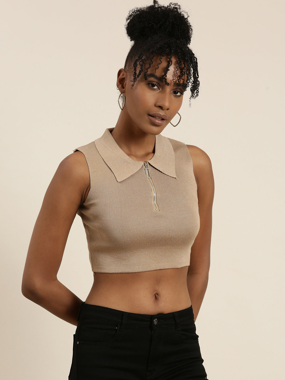 Shirt Collar Solid Sleeveless Fitted Tan Crop Top