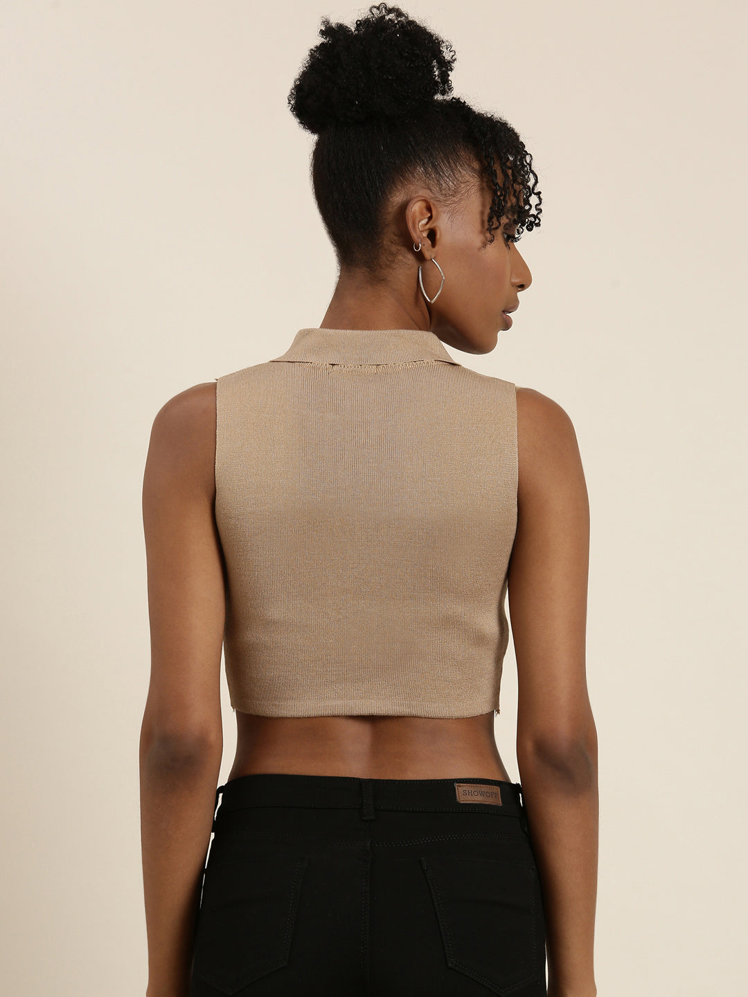 Shirt Collar Solid Sleeveless Fitted Tan Crop Top