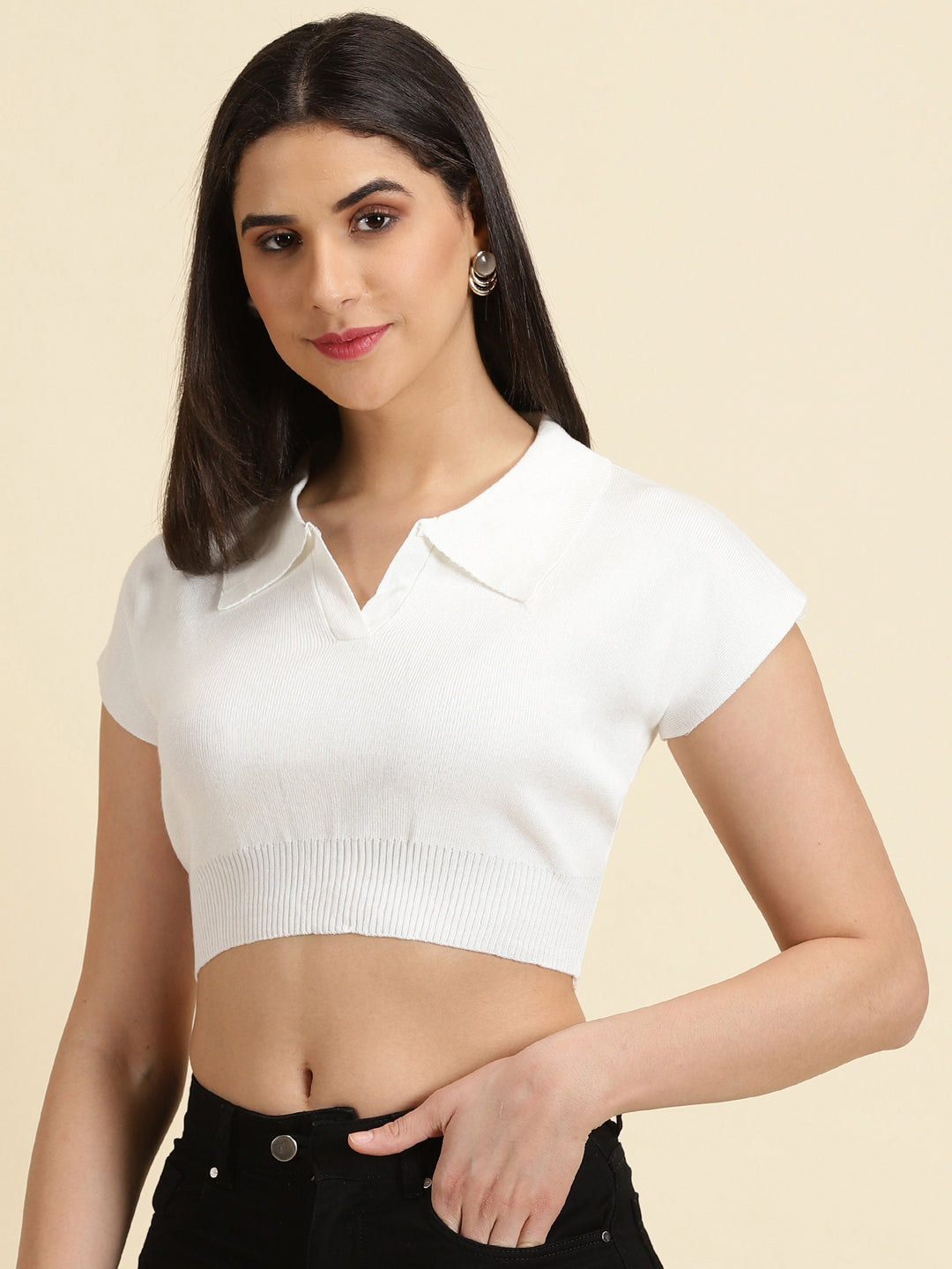 Women's White Solid Blouson Crop Top