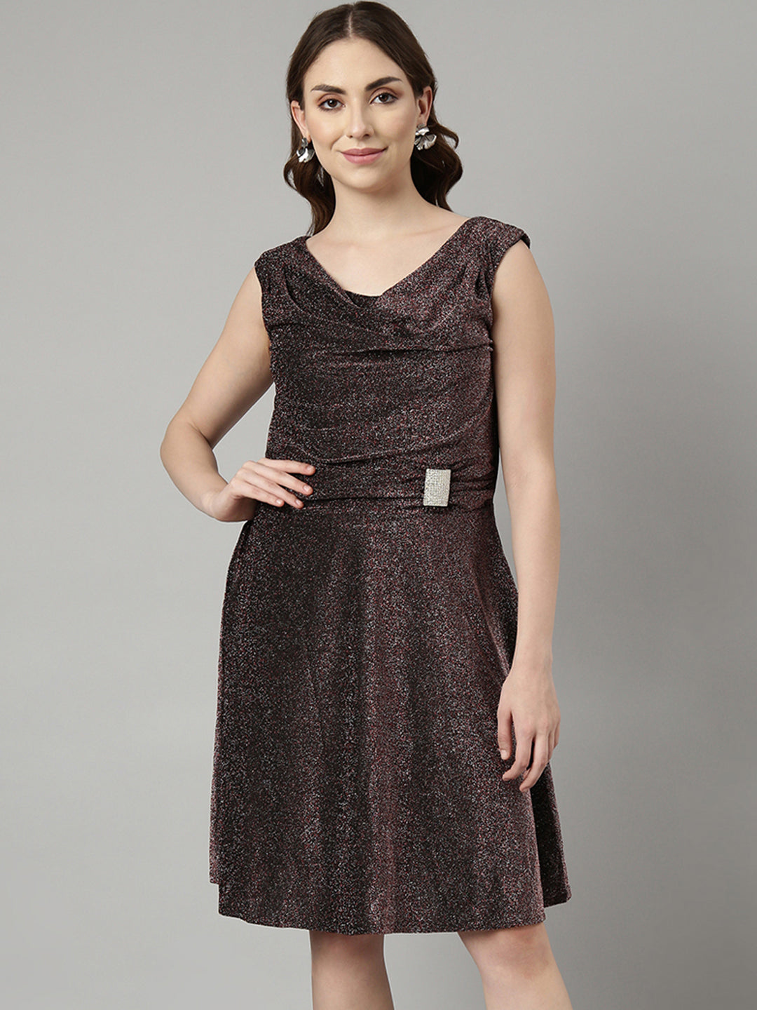 Women Brown Solid Fit and Flare Dress