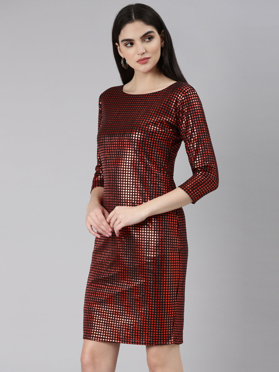 Women Red Checked Bodycon Dress