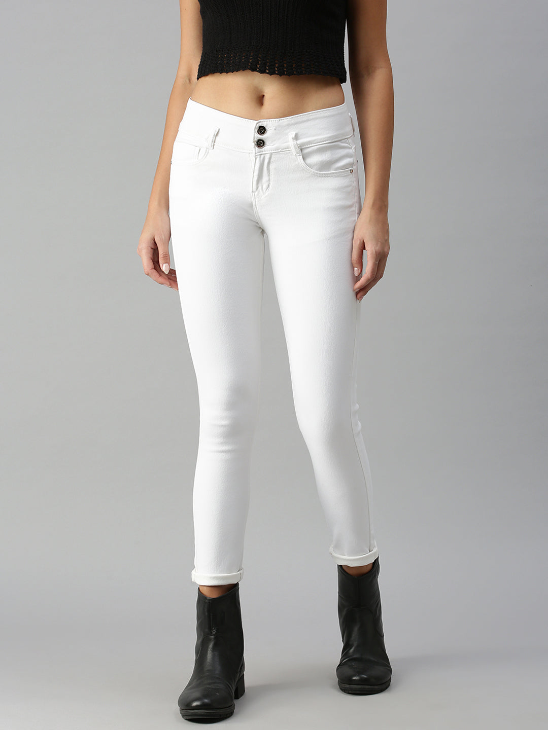 Women's White Solid Denim Skinny Jeans