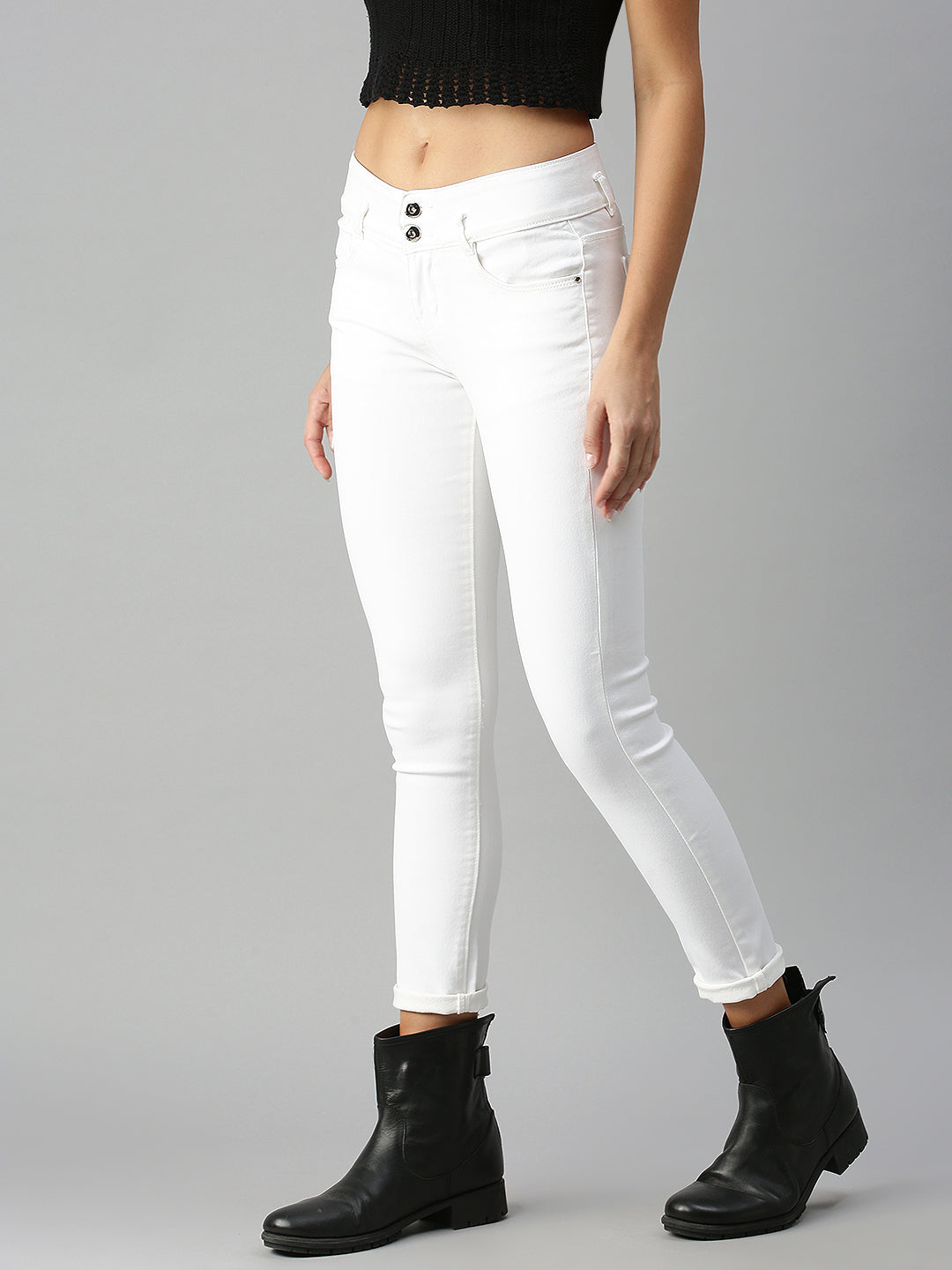 Women's White Solid Denim Skinny Jeans