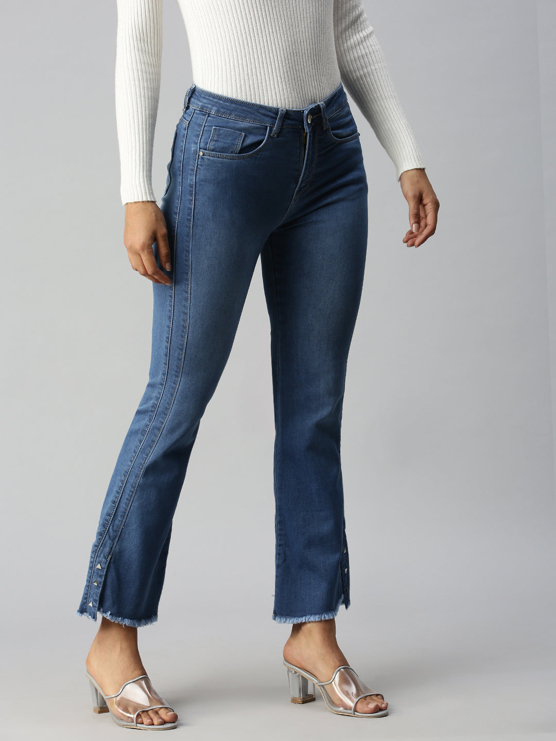 Women's Blue Solid Denim Flare Fit Jeans