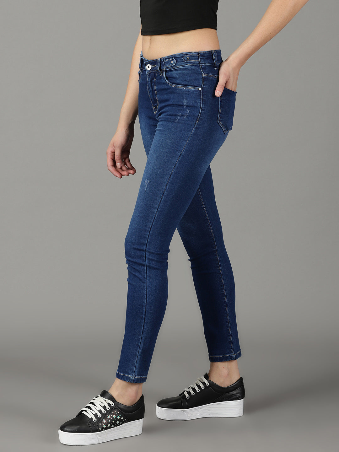 Women's Navy Blue Solid Slim Fit Denim Jeans