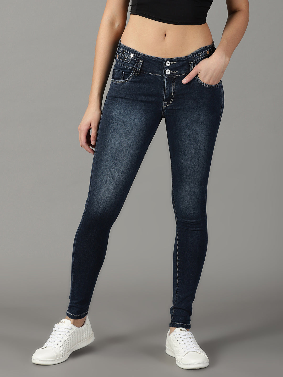 Women's Navy Blue Solid Skinny Fit Denim Jeans