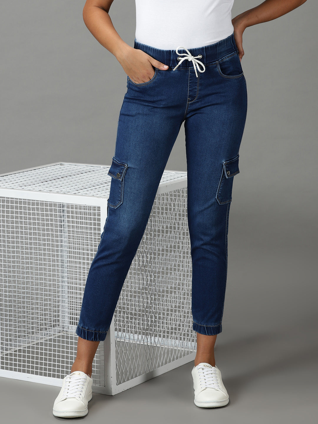 Women's Navy Blue Solid Jogger Denim Jeans