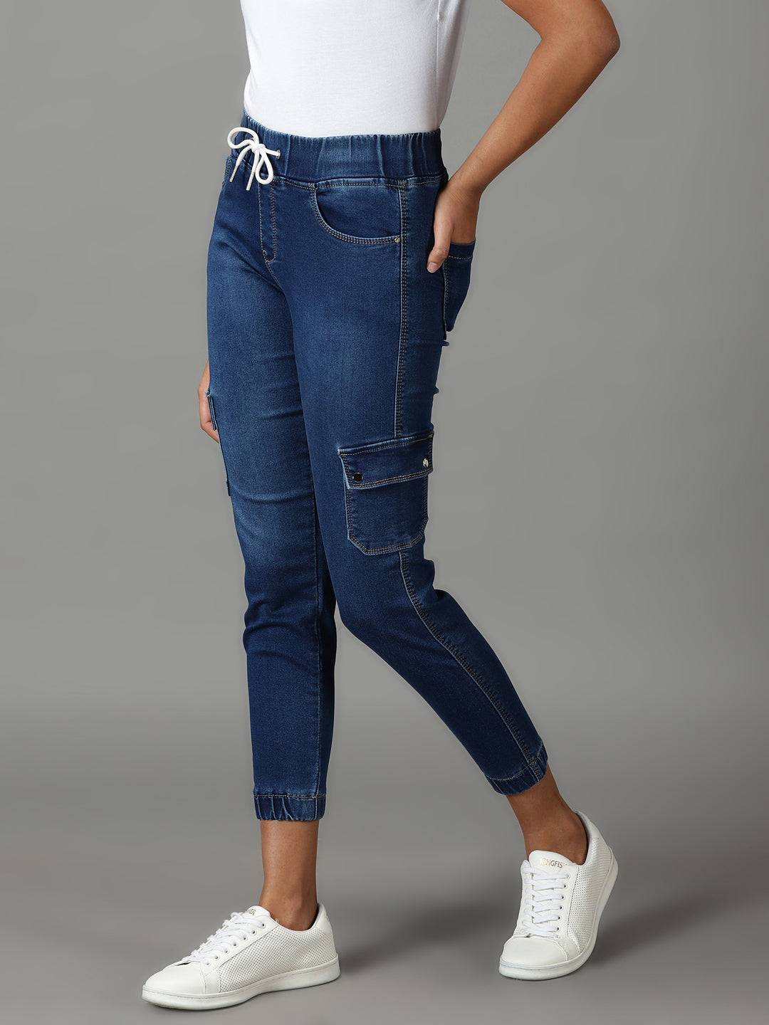 Women's Navy Blue Solid Jogger Denim Jeans