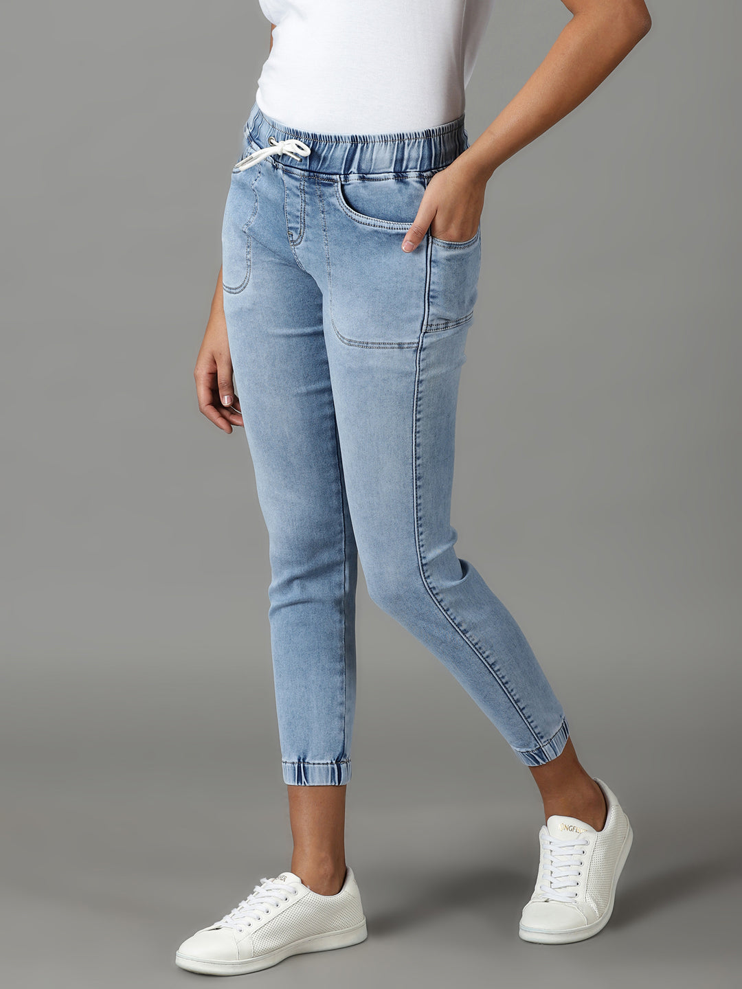 Women's Blue Solid Jogger Denim Jeans