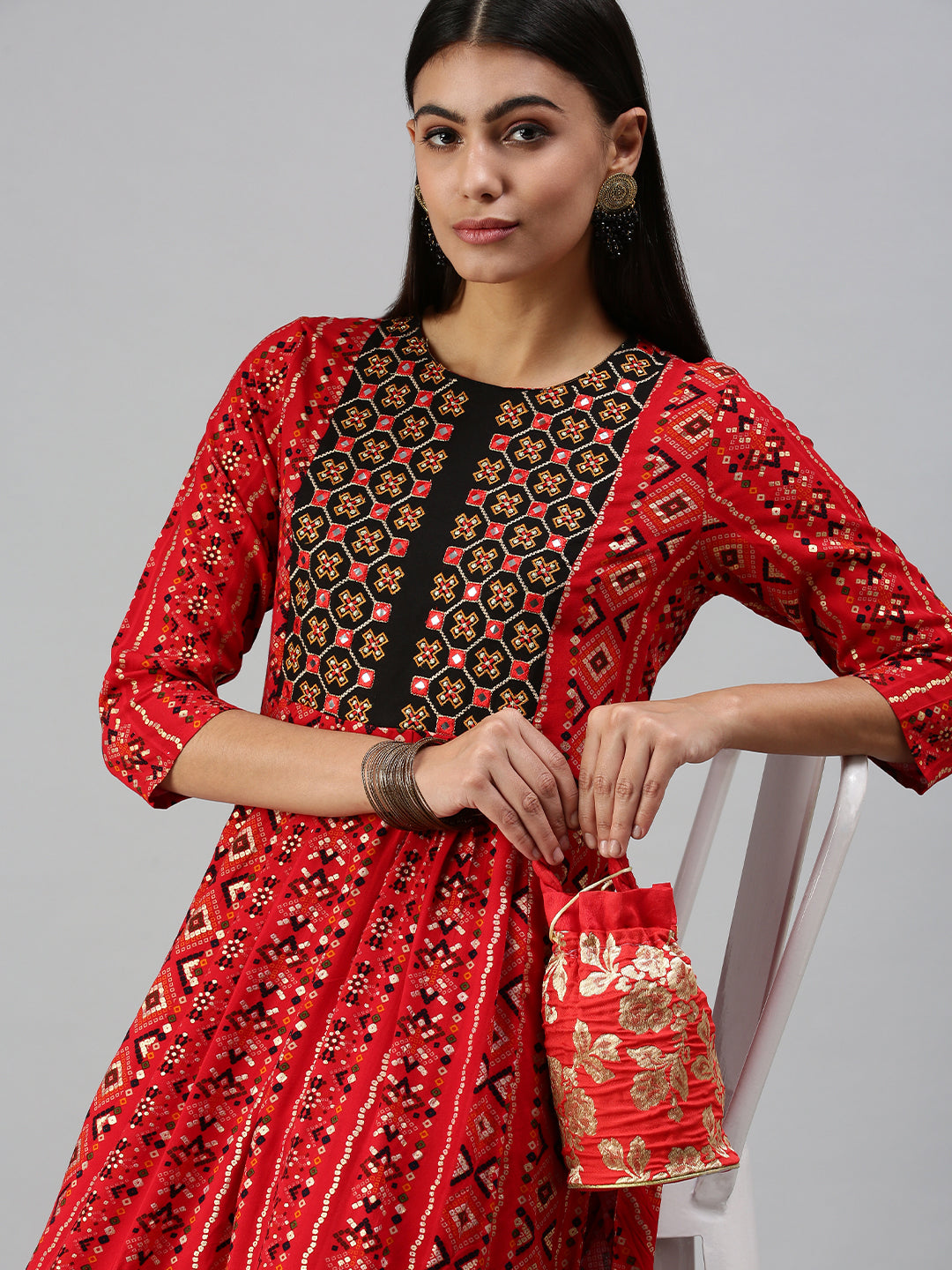 Women's Red Printed Straight Kurta