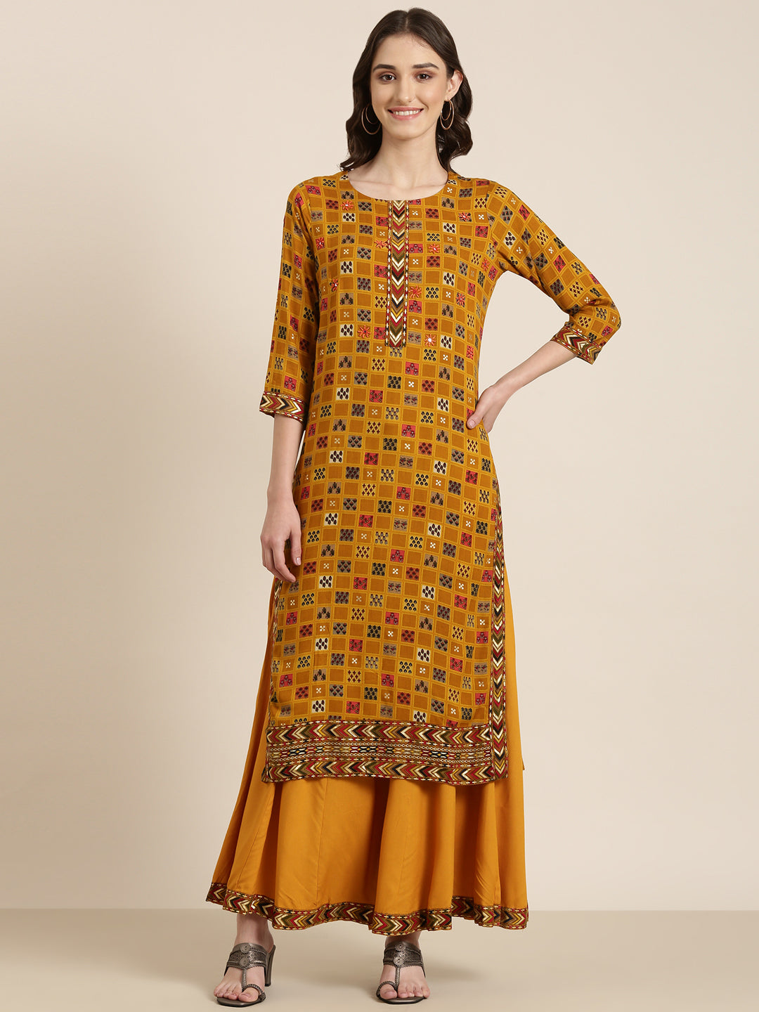 Women Mustard Geometrical Kurta Set