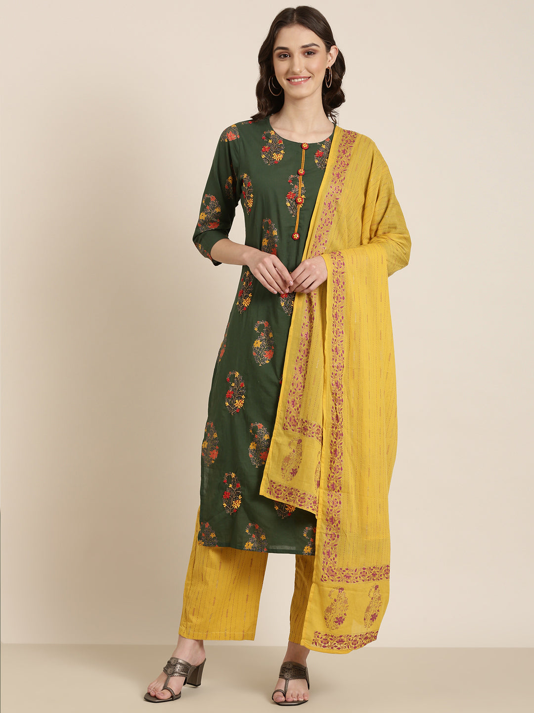 Women Green Floral Kurta Set