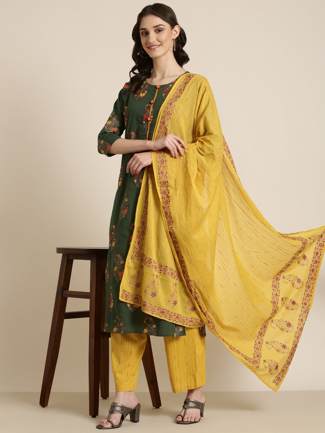 Women Green Floral Kurta Set