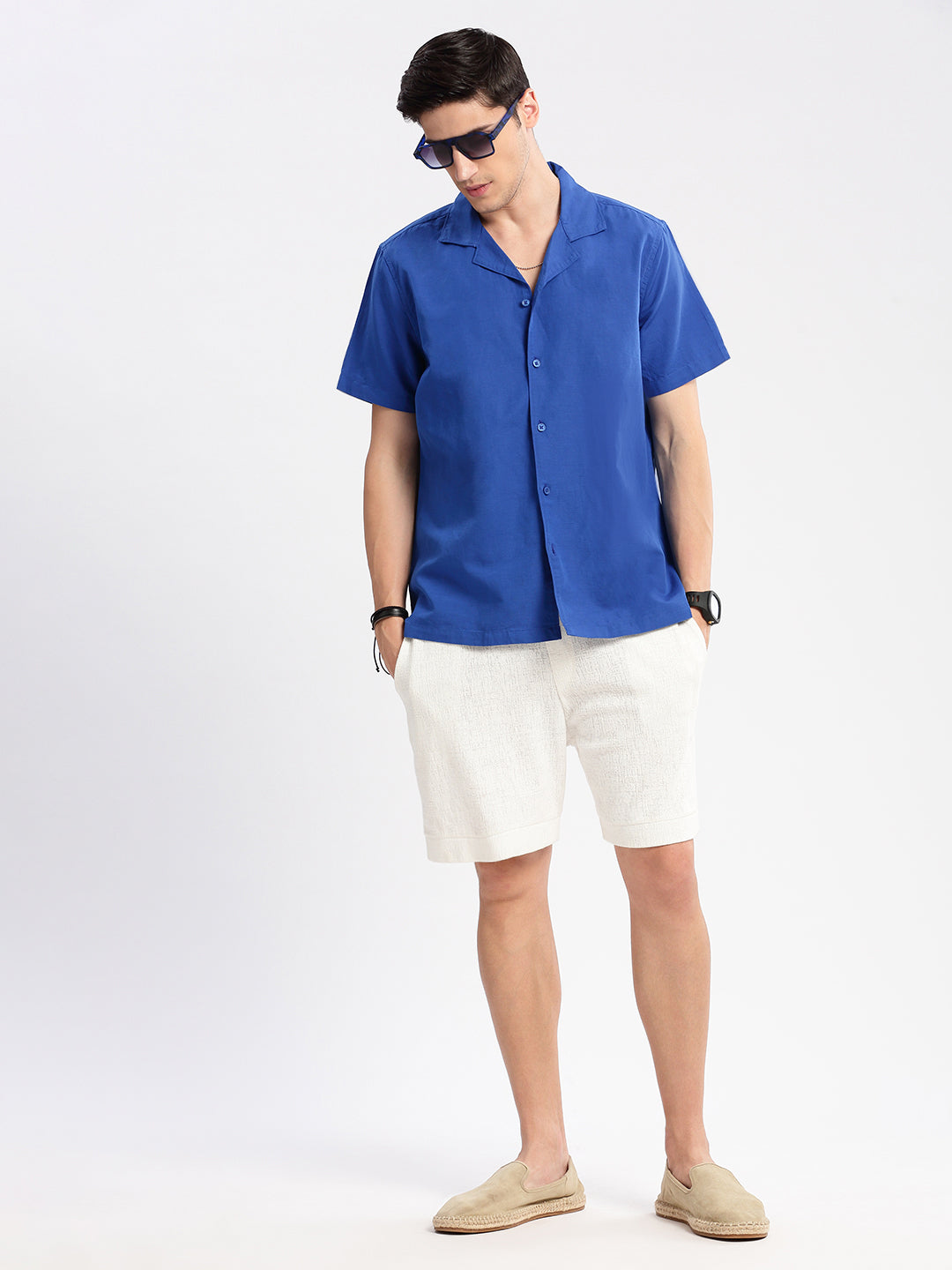 Men Cuban Collar Solid Blue Casual Shirt