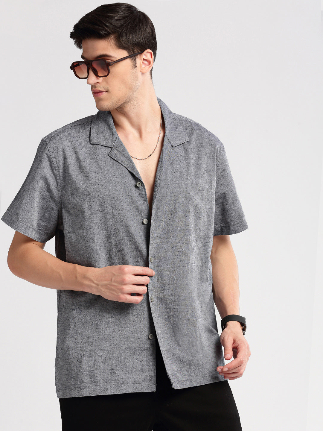 Men Cuban Collar Solid Grey Casual Shirt