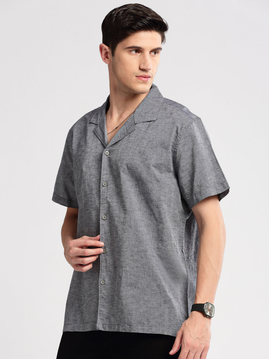 Men Cuban Collar Solid Grey Casual Shirt