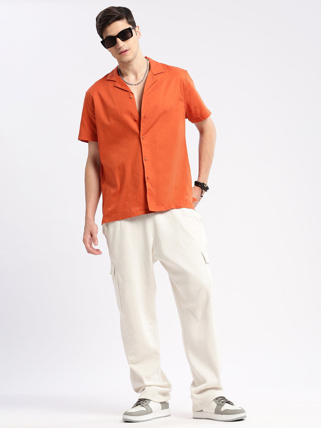 Men Cuban Collar Solid Orange Casual Shirt