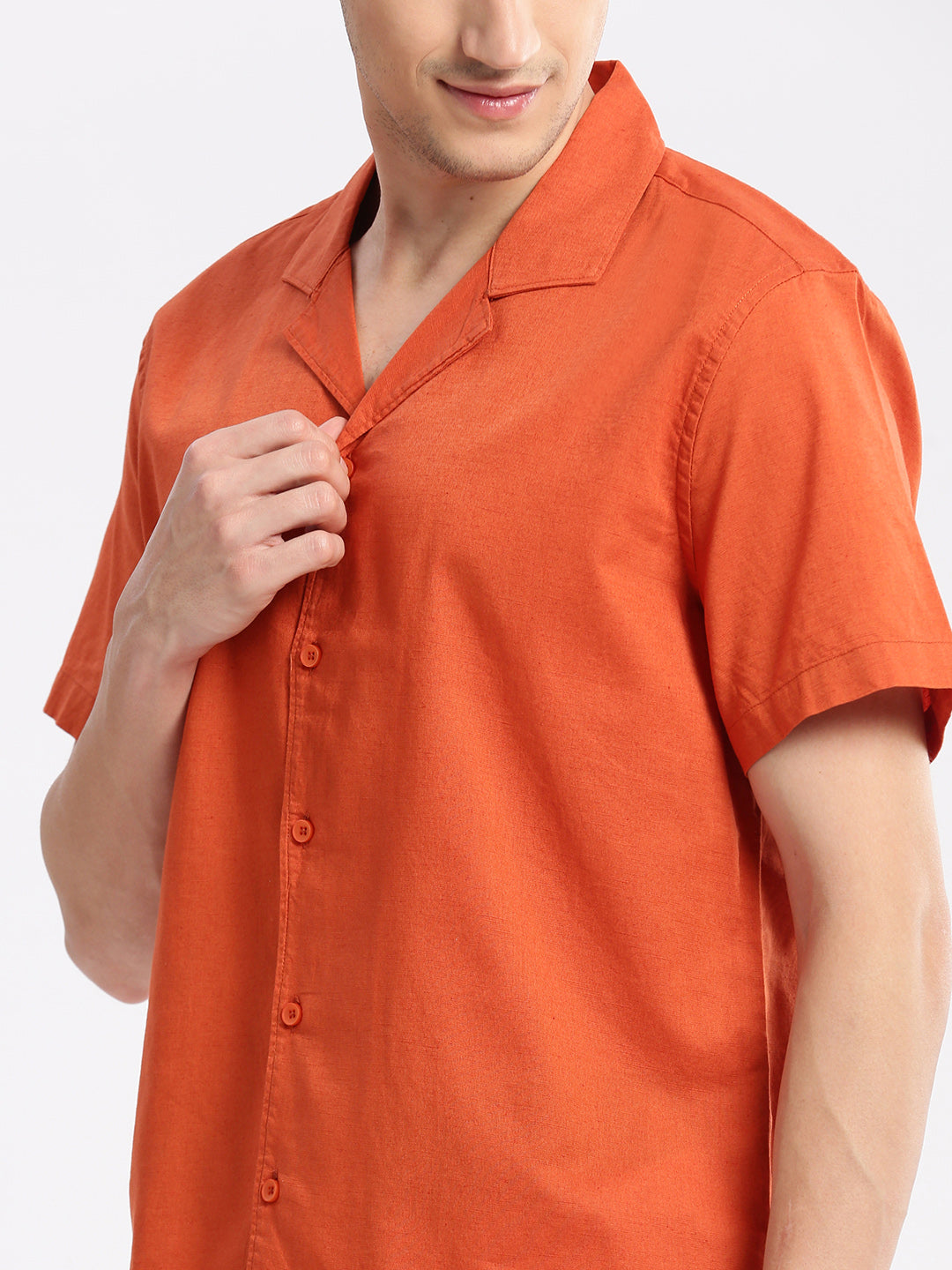 Men Cuban Collar Solid Orange Casual Shirt